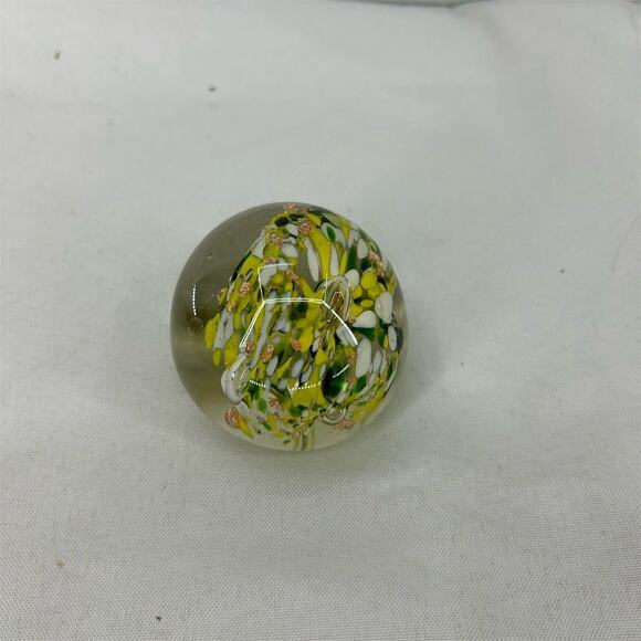 Vintage Yellow Floral Art Glass Paperweight White Accent Design - Picture 5 of 8